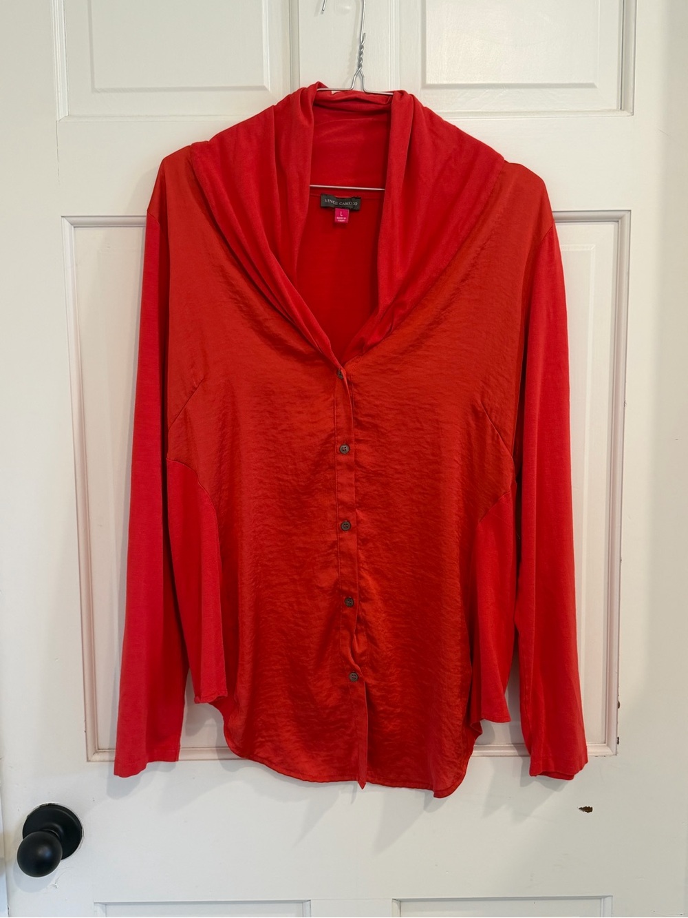 Vince Camuto Vibrant Red Button-Front Draped Collar Top